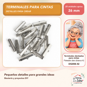 Terminales dentados para cintas – Plateado claro (blanco K) – 26 mm – 25 unidades aprox.