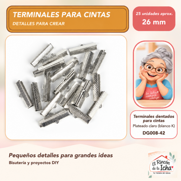 DG008-42 Terminales dentados para cintas – Plateado claro (blanco K) – 26 mm – 25 unidades aprox.
