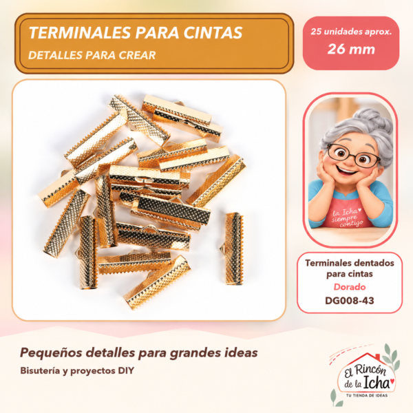 DG008-43 Terminales dentados para cintas – Dorado – 26 mm – 25 unidades aprox.