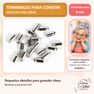 DG008-5 Terminales cilíndricos para cordón – Plateado claro (blanco K) – 4 mm – 18 unidades aprox.