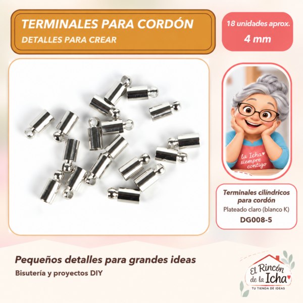 DG008-5 Terminales cilíndricos para cordón – Plateado claro (blanco K) – 4 mm – 18 unidades aprox.