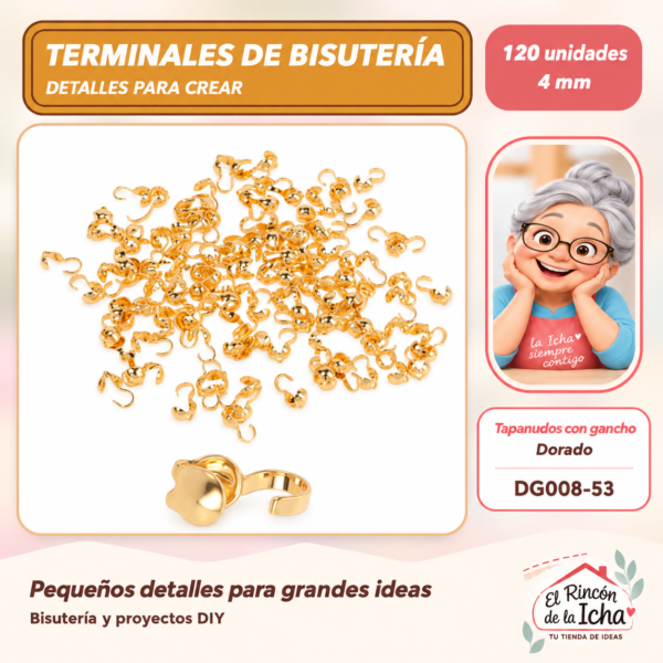Tapanudos con gancho – Dorado – 4 mm – 120 unidades
