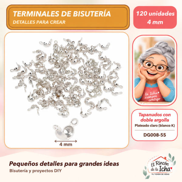 DG008-55 Tapanudos con doble argolla – Plateado claro (blanco K) – 4 mm – 120 unidades