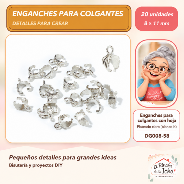 DG008-58 Enganches para colgantes con hoja – Plateado claro (blanco K) – 8 × 11 mm – 20 unidades