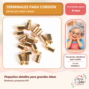 DG008-6 Terminales cilíndricos para cordón – Dorado – 4 mm – 18 unidades aprox.