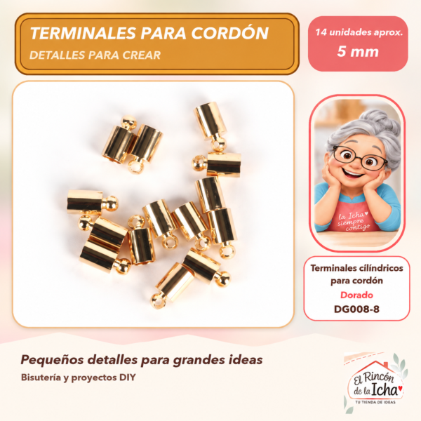 DG008-8 Terminales cilíndricos para cordón – Dorado – 5 mm – 14 unidades aprox.