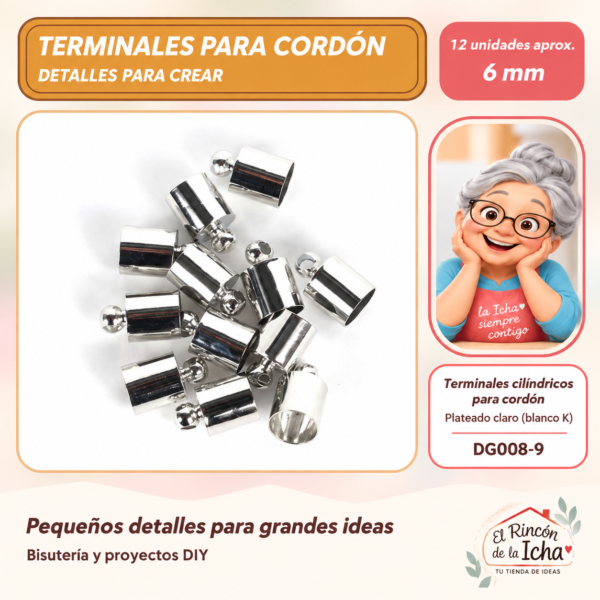 DG008-9 Terminales cilíndricos para cordón – Plateado claro (blanco K) – 6 mm – 12 unidades aprox.