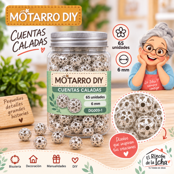 Cuentas metálicas caladas tipo flor – Plateado – 6 mm – 65 unidades