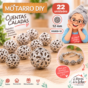 DG009-10 Cuentas metálicas caladas tipo flor – Plateado – 12 mm – 22 unidades