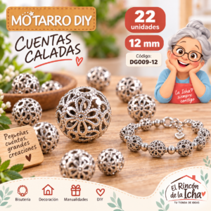 Cuentas metálicas caladas tipo flor – Plata brillante – 12 mm – 22 unidades