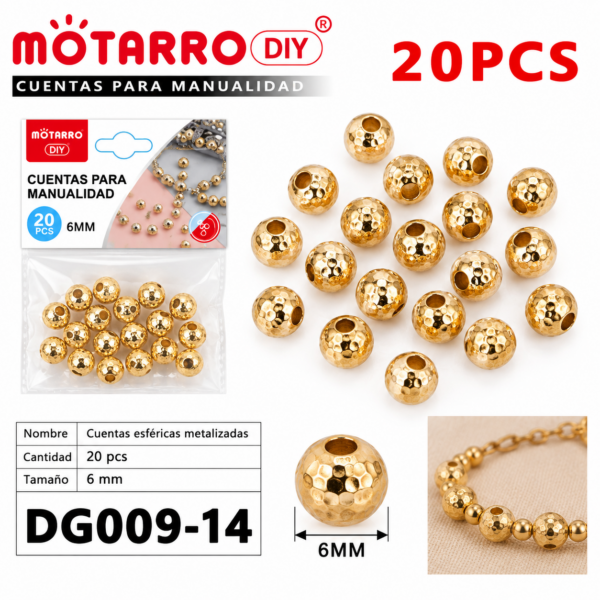 Cuentas texturadas metalizadas – Dorado – 6 mm – 20 unidades