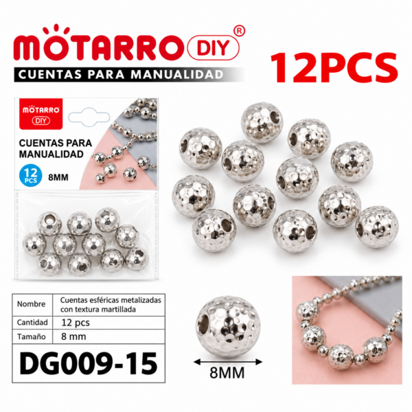 Cuentas texturadas metalizadas – Plateado – 8 mm – 12 unidades