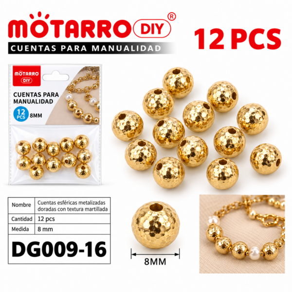 Cuentas texturadas metalizadas – Dorado – 8 mm – 12 unidades
