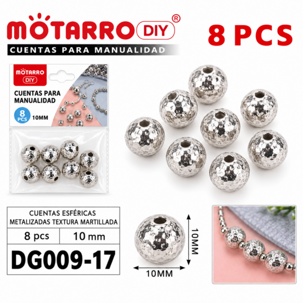 Cuentas texturadas metalizadas – Plateado – 10 mm – 8 unidades