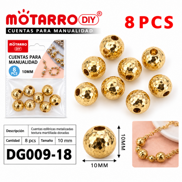Cuentas texturadas metalizadas – Dorado – 10 mm – 8 unidades