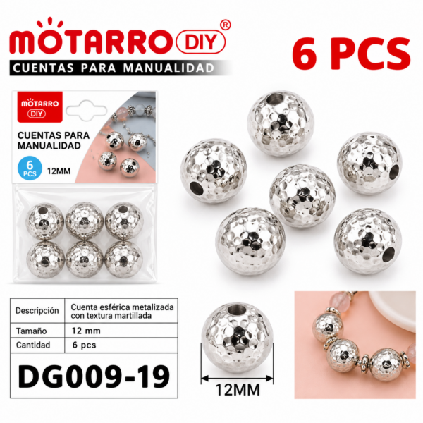 Cuentas texturadas metalizadas – Plateado – 12 mm – 6 unidades