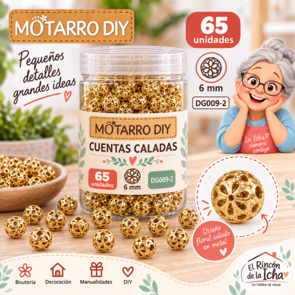 Cuentas metálicas caladas tipo flor – Dorado – 6 mm – 65 unidades