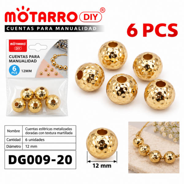 Cuentas texturadas metalizadas – Dorado – 12 mm – 6 unidades