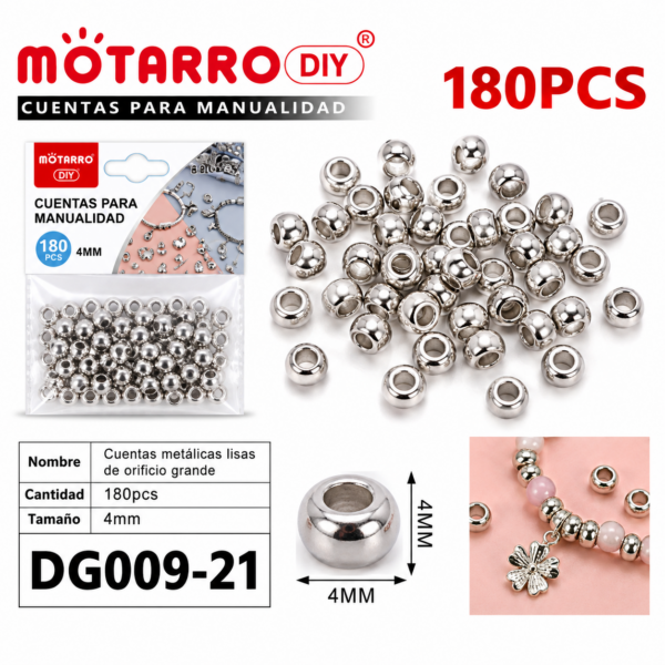 Cuentas metálicas de orificio grande – Plateado – 4 mm – 180 unidades