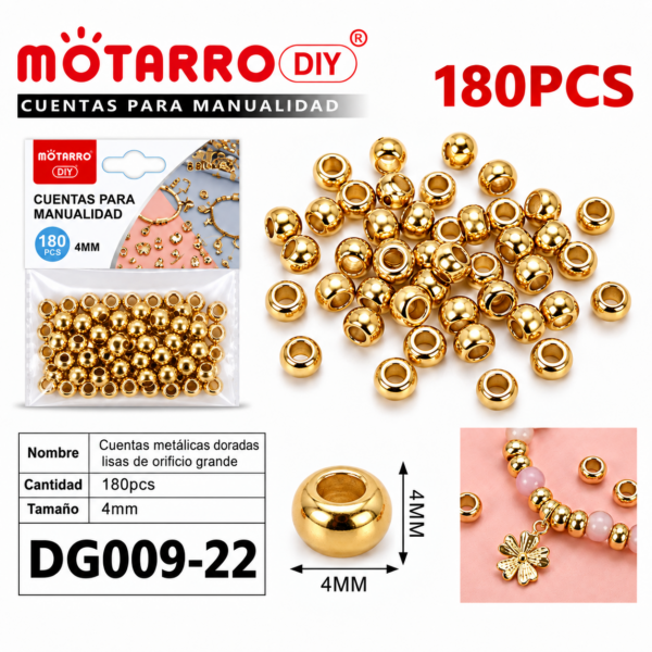 Cuentas metálicas de orificio grande – Dorado – 4 mm – 180 unidades