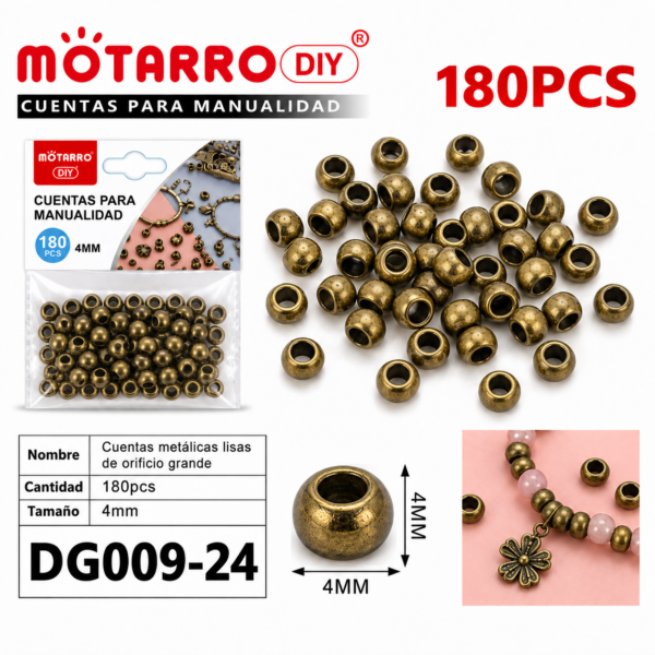 Cuentas metálicas de orificio grande – Bronce antiguo – 4 mm – 180 unidades