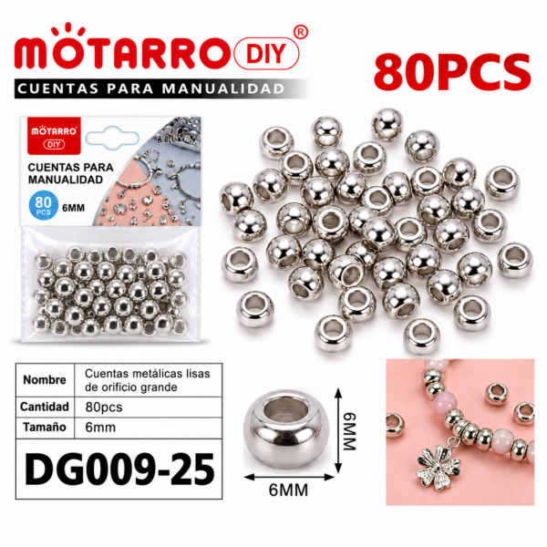 Cuentas metálicas de orificio grande – Plateado – 6 mm – 80 unidades
