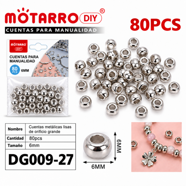 Cuentas metálicas de orificio grande – Plata brillante – 6 mm – 80 unidades