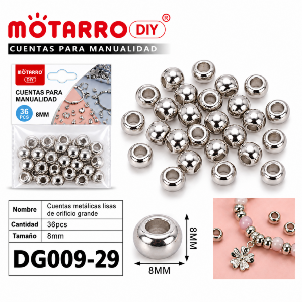 Cuentas metálicas de orificio grande – Plateado – 8 mm – 36 unidades