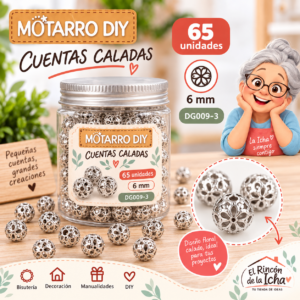 Cuentas metálicas caladas tipo flor – Plata brillante – 6 mm – 65 unidades