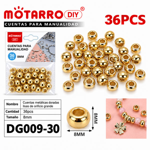 Cuentas metálicas de orificio grande – Dorado – 8 mm – 36 unidades