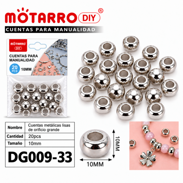 Cuentas metálicas de orificio grande – Plateado – 10 mm – 20 unidades