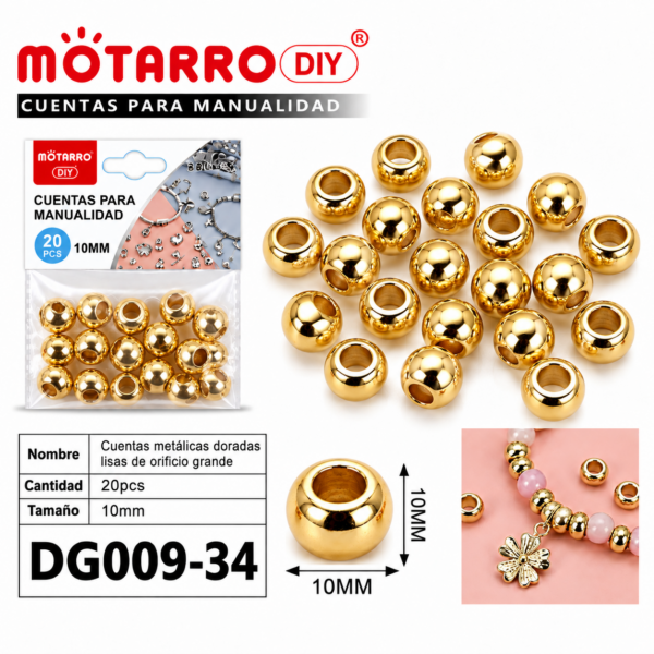 Cuentas metálicas de orificio grande – Dorado – 10 mm – 20 unidades