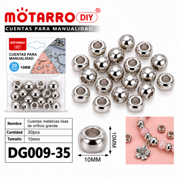 Cuentas metálicas de orificio grande – Plata brillante – 10 mm – 20 unidades