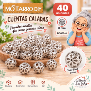 Cuentas metálicas caladas tipo flor – Plata brillante – 8 mm – 40 unidades