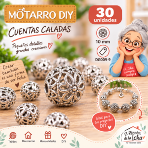 Cuentas metálicas caladas tipo flor – Plata brillante – 10 mm – 30 unidades