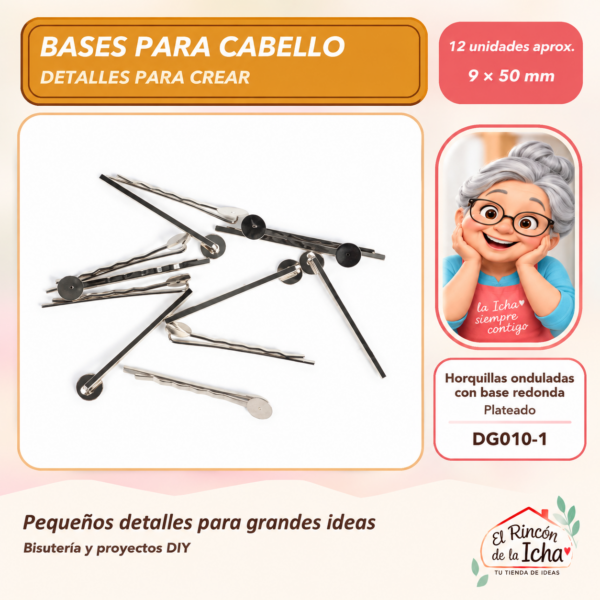 DG010-1 Horquillas onduladas con base redonda – Plateado – 9 × 50 mm – 12 unidades aprox.