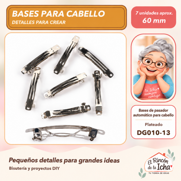 DG010-13 Bases de pasador automático para cabello – Plateado – 60 mm – 7 unidades aprox.