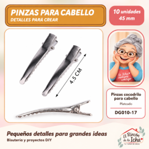 Pinzas cocodrilo para cabello – Plateado – 45 mm – 10 unidades