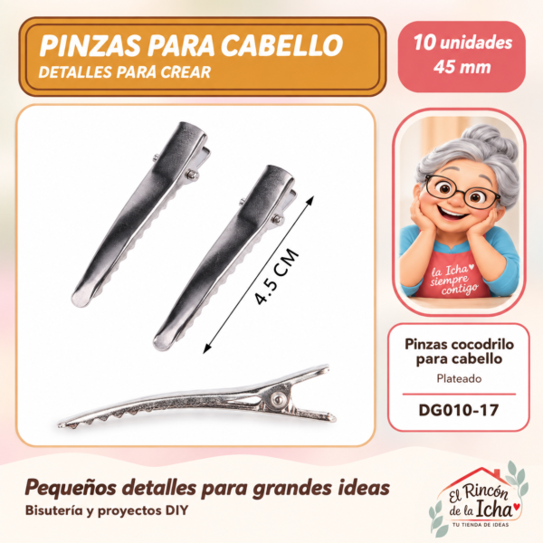 Pinzas cocodrilo para cabello – Plateado – 45 mm – 10 unidades