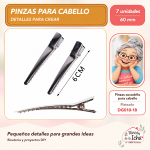 Pinzas cocodrilo para cabello – Plateado – 60 mm – 7 unidades