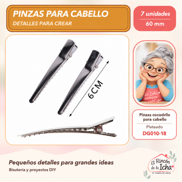 Pinzas cocodrilo para cabello – Plateado – 60 mm – 7 unidades
