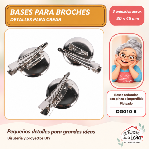 DG010-5 Bases redondas con pinza e imperdible – Plateado – 30 × 45 mm – 3 unidades aprox.
