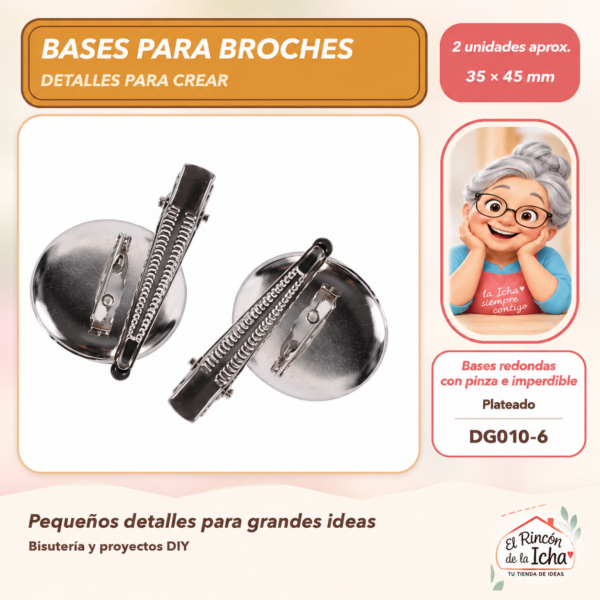 DG010-6 Bases redondas con pinza e imperdible – Plateado – 35 × 45 mm – 2 unidades aprox.