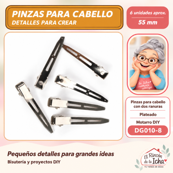DG010-8 Pinzas para cabello con dos ranuras – Plateado – 55 mm – 6 unidades aprox.