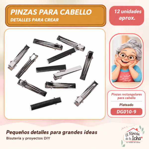 DG010-9 Pinzas rectangulares para cabello – Plateado – 12 unidades aprox. – DG010-9