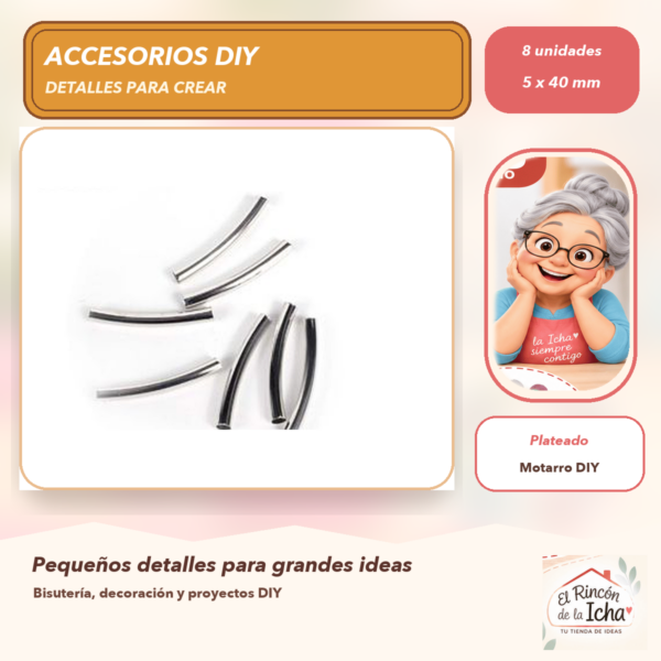 Set de 8 Tubos Curvos Lisos Plateado 5 x 40 mm