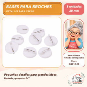Bases plásticas redondas con imperdible – Blanco – 20 mm – 8 unidades