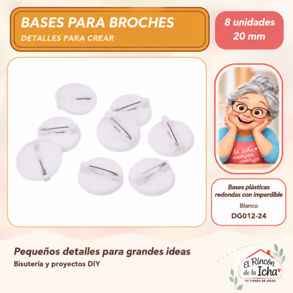 Bases plásticas redondas con imperdible – Blanco – 20 mm – 8 unidades