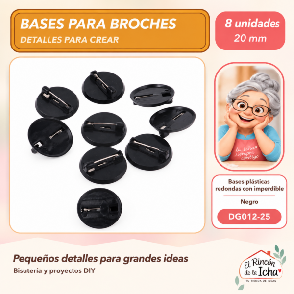 Bases plásticas redondas con imperdible – Negro – 20 mm – 8 unidades