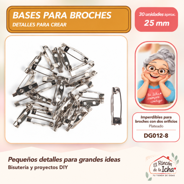 DG012-8 Imperdibles para broches con dos orificios – Plateado – 25 mm – 30 unidades aprox.